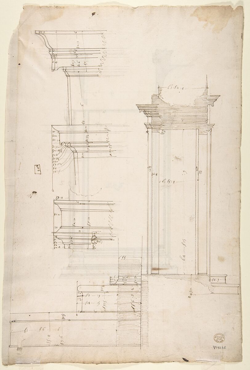 San Lorenzo, Library, Ricetto, portal from cloister, elevation; plan (recto) San Lorenzo, Library, Ricetto, portal from cloister, section; details (verso), Drawn by Anonymous, French, 16th century, Dark brown ink, black chalk, and incised lines