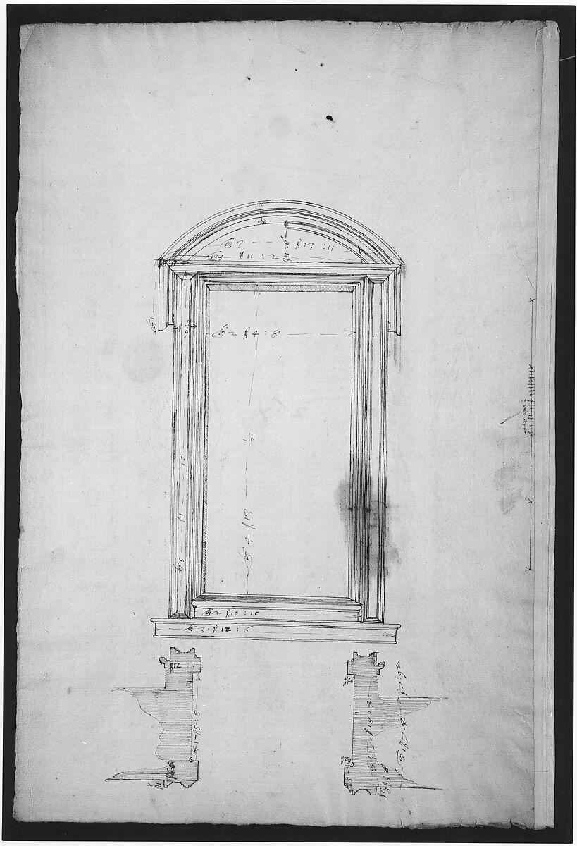 San Lorenzo, Library, Ricetto, portal to Ricetto, elevation; plan (recto) San Lorenzo, Library, Ricetto, portal to Ricetto, section; details (verso), Drawn by Anonymous, French, 16th century, Dark brown ink, black chalk, and incised lines