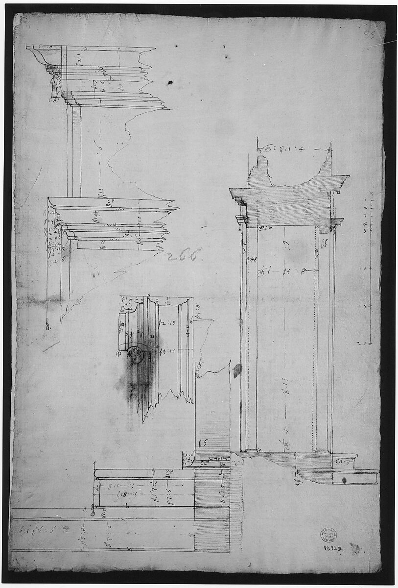 San Lorenzo, Library, Ricetto, portal to Ricetto, elevation; plan (recto) San Lorenzo, Library, Ricetto, portal to Ricetto, section; details (verso), Drawn by Anonymous, French, 16th century, Dark brown ink, black chalk, and incised lines