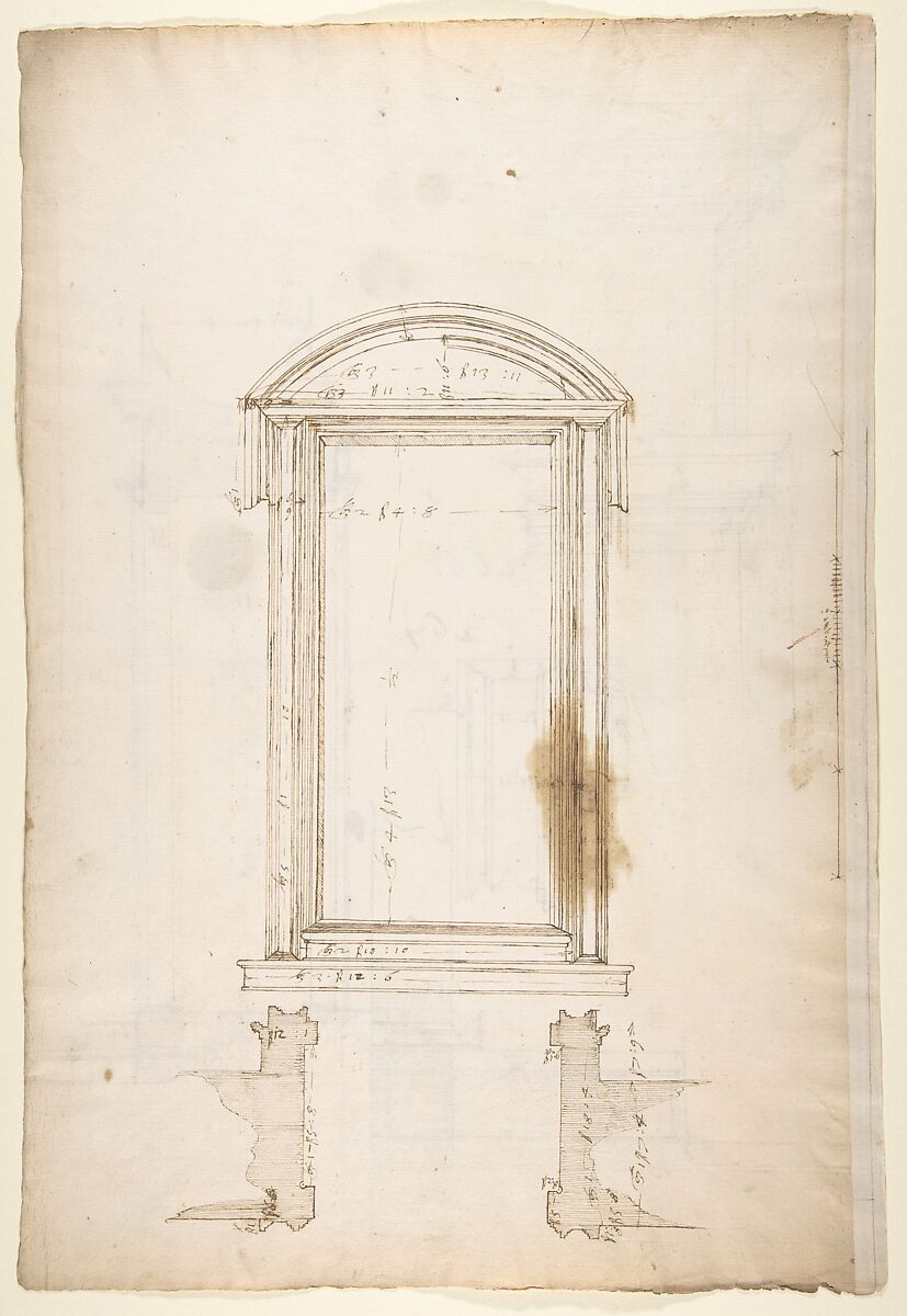 San Lorenzo, Library, Ricetto, portal to Ricetto, elevation; plan (recto) San Lorenzo, Library, Ricetto, portal to Ricetto, section; details (verso), Drawn by Anonymous, French, 16th century, Dark brown ink, black chalk, and incised lines 