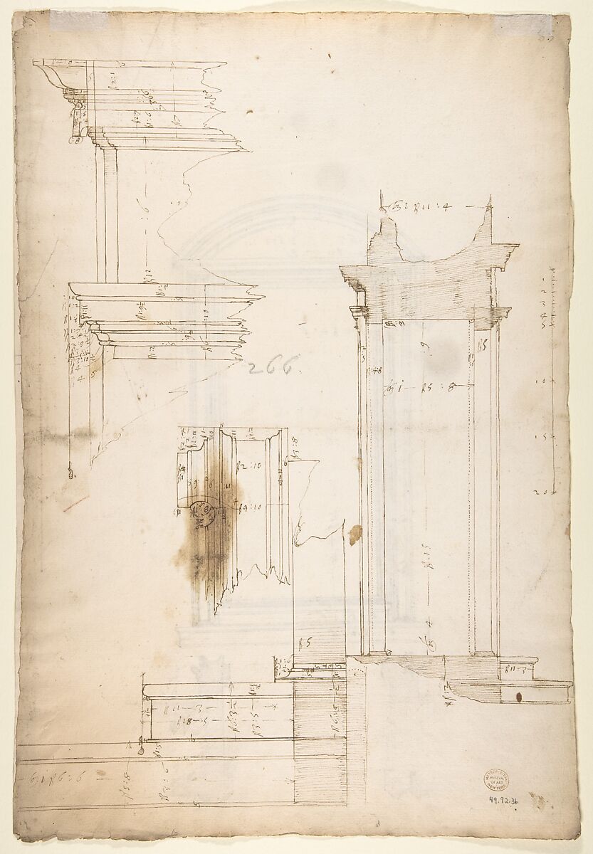 San Lorenzo, Library, Ricetto, portal to Ricetto, elevation; plan (recto) San Lorenzo, Library, Ricetto, portal to Ricetto, section; details (verso), Drawn by Anonymous, French, 16th century, Dark brown ink, black chalk, and incised lines