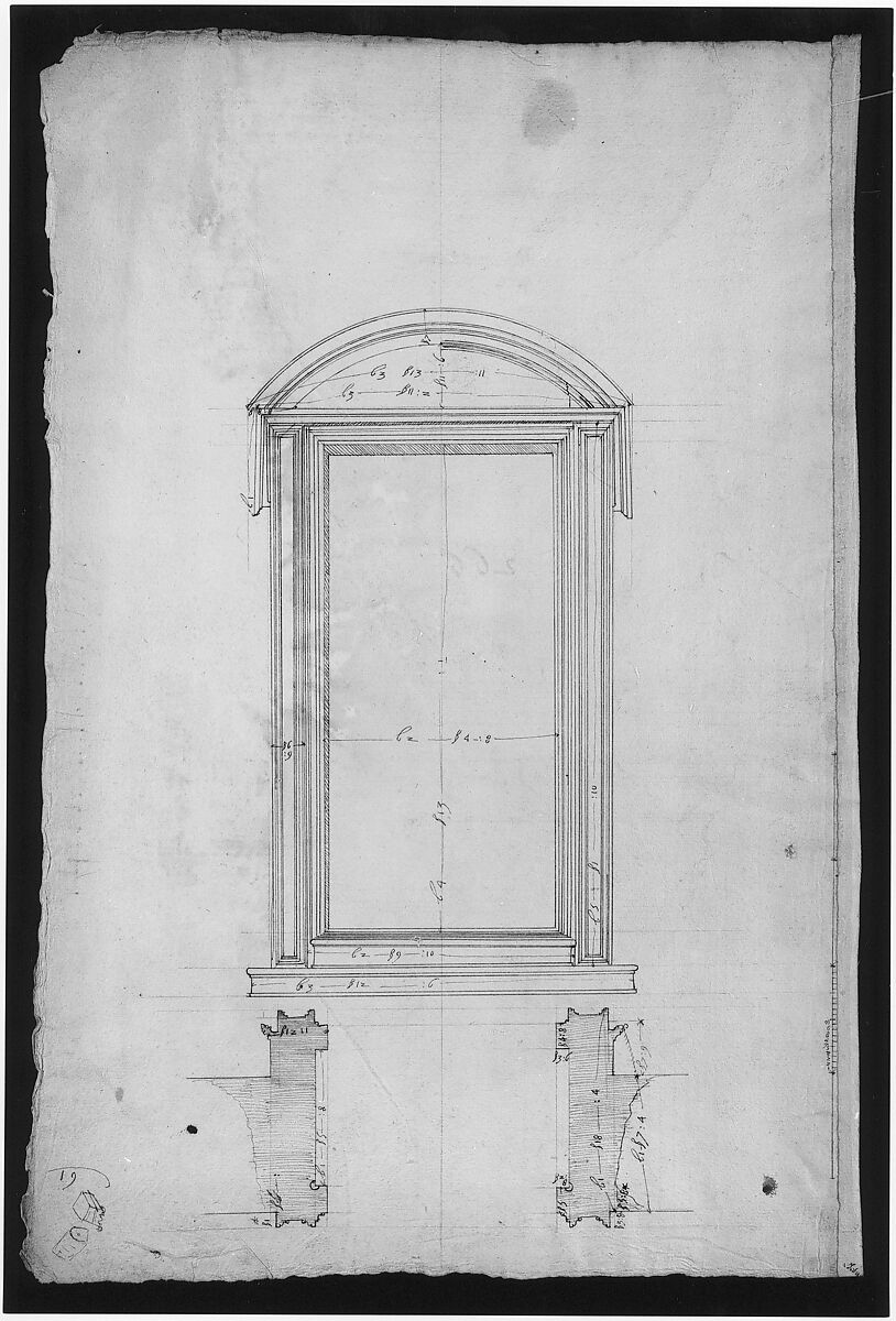 San Lorenzo, Library, Ricetto, portal to Ricetto, elevation; plan (recto) San Lorenzo, Library, Ricetto, portal from cloister, details (verso), Drawn by Anonymous, French, 16th century, Dark brown ink, black chalk, and incised lines