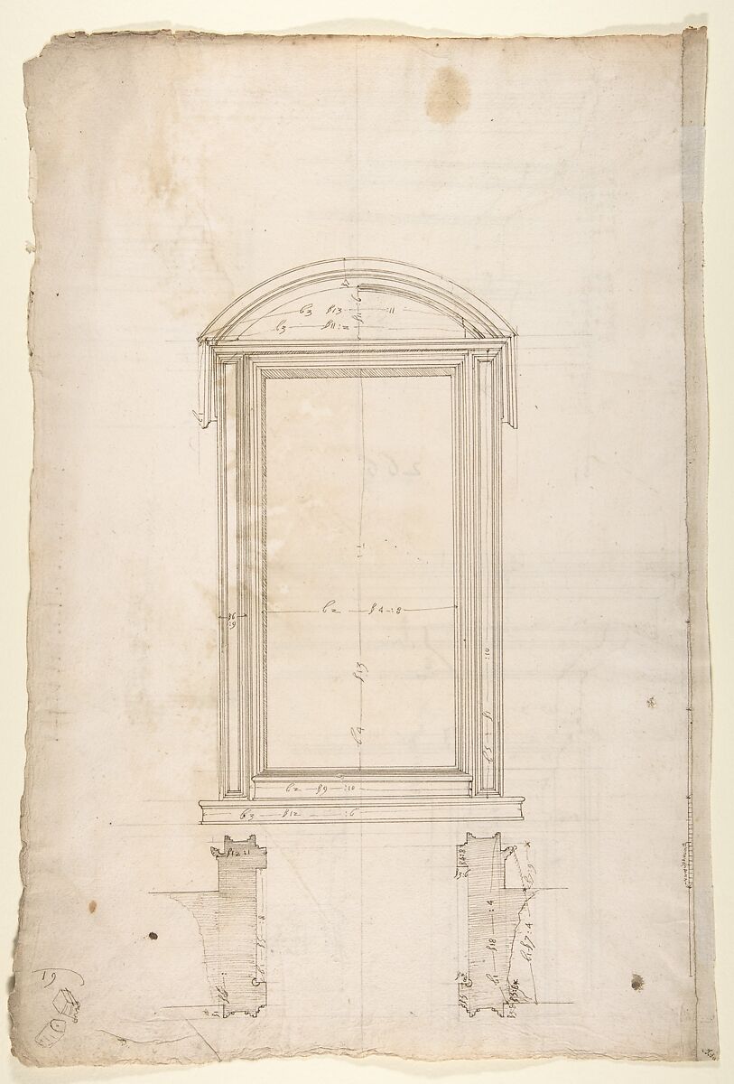 San Lorenzo, Library, Ricetto, portal to Ricetto, elevation; plan (recto) San Lorenzo, Library, Ricetto, portal from cloister, details (verso), Drawn by Anonymous, French, 16th century, Dark brown ink, black chalk, and incised lines 