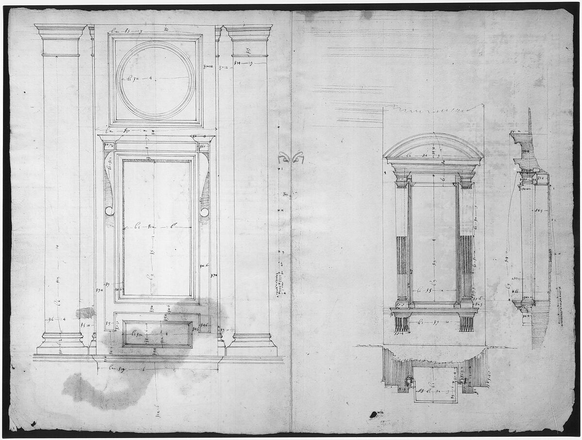 San Lorenzo, Library, Ricetto, upper window, elevation; niche,elevation, plan, and section (recto) San Lorenzo, Library, Ricetto, niche, details; upper window, details, elevation (verso), Drawn by Anonymous, French, 16th century, Dark brown ink, black chalk, and incised lines