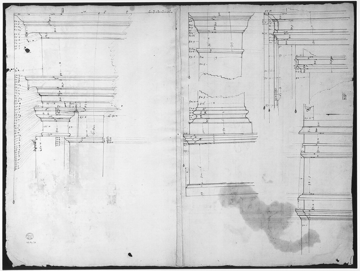 San Lorenzo, Library, Ricetto, upper window, elevation; niche,elevation, plan, and section (recto) San Lorenzo, Library, Ricetto, niche, details; upper window, details, elevation (verso), Drawn by Anonymous, French, 16th century, Dark brown ink, black chalk, and incised lines