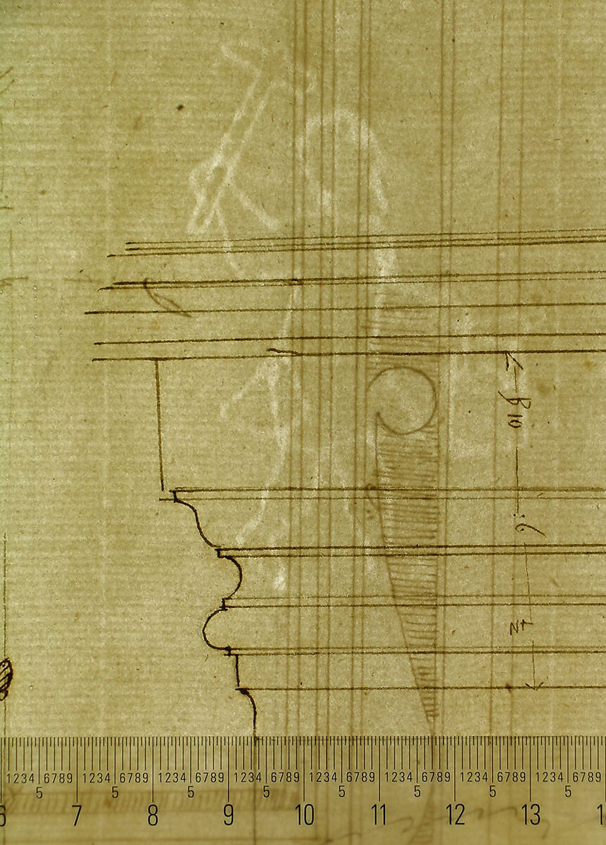 San Lorenzo, Library, Ricetto, upper window, elevation; niche,elevation, plan, and section (recto) San Lorenzo, Library, Ricetto, niche, details; upper window, details, elevation (verso), Drawn by Anonymous, French, 16th century, Dark brown ink, black chalk, and incised lines