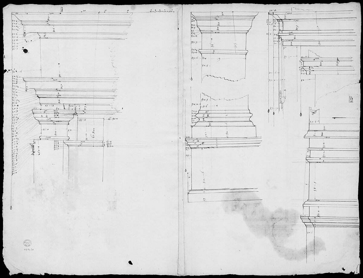San Lorenzo, Library, Ricetto, upper window, elevation; niche,elevation, plan, and section (recto) San Lorenzo, Library, Ricetto, niche, details; upper window, details, elevation (verso), Drawn by Anonymous, French, 16th century, Dark brown ink, black chalk, and incised lines