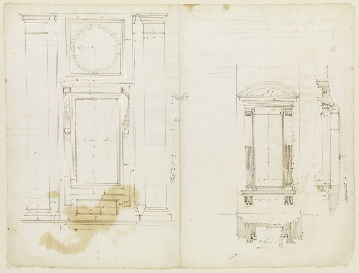 San Lorenzo, Library, Ricetto, upper window, elevation; niche,elevation, plan, and section (recto) San Lorenzo, Library, Ricetto, niche, details; upper window, details, elevation (verso), Drawn by Anonymous, French, 16th century, Dark brown ink, black chalk, and incised lines 