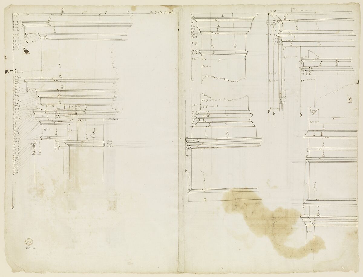 San Lorenzo, Library, Ricetto, upper window, elevation; niche,elevation, plan, and section (recto) San Lorenzo, Library, Ricetto, niche, details; upper window, details, elevation (verso), Drawn by Anonymous, French, 16th century, Dark brown ink, black chalk, and incised lines