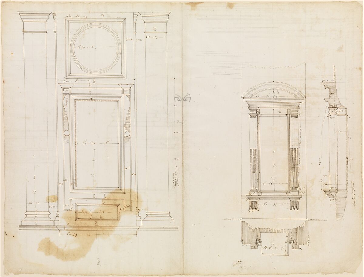 San Lorenzo, Library, Ricetto, upper window, elevation; niche,elevation, plan, and section (recto) San Lorenzo, Library, Ricetto, niche, details; upper window, details, elevation (verso), Drawn by Anonymous, French, 16th century, Dark brown ink, black chalk, and incised lines