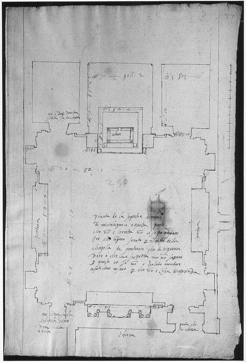 San Lorenzo, New Sacristy, plan (recto) San Lorenzo, New Sacristy, details, elevation and section (verso), Drawn by Anonymous, French, 16th century, Dark brown ink, black chalk, and incised lines