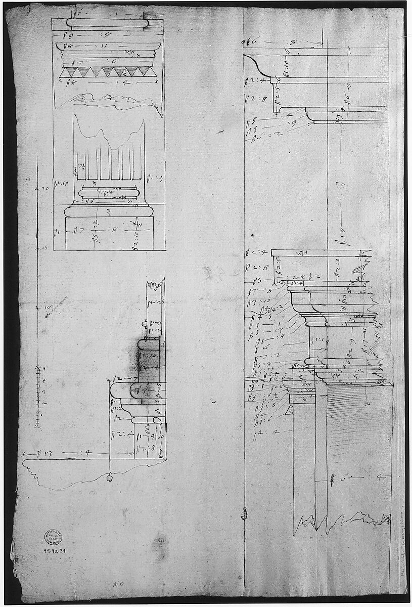 San Lorenzo, New Sacristy, plan (recto) San Lorenzo, New Sacristy, details, elevation and section (verso), Drawn by Anonymous, French, 16th century, Dark brown ink, black chalk, and incised lines
