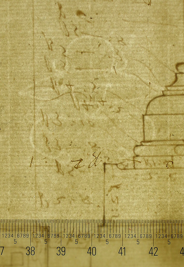 San Lorenzo, New Sacristy, plan (recto) San Lorenzo, New Sacristy, details, elevation and section (verso), Drawn by Anonymous, French, 16th century, Dark brown ink, black chalk, and incised lines