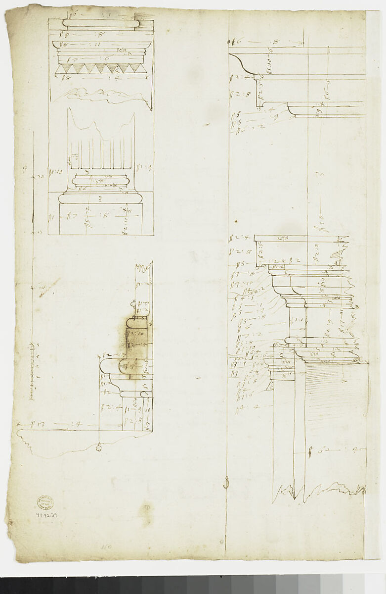 San Lorenzo, New Sacristy, plan (recto) San Lorenzo, New Sacristy, details, elevation and section (verso), Drawn by Anonymous, French, 16th century, Dark brown ink, black chalk, and incised lines