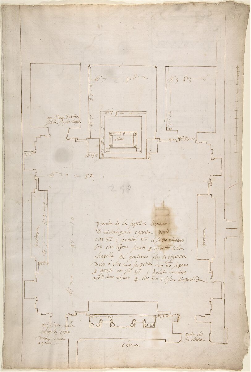 San Lorenzo, New Sacristy, plan (recto) San Lorenzo, New Sacristy, details, elevation and section (verso), Drawn by Anonymous, French, 16th century, Dark brown ink, black chalk, and incised lines 