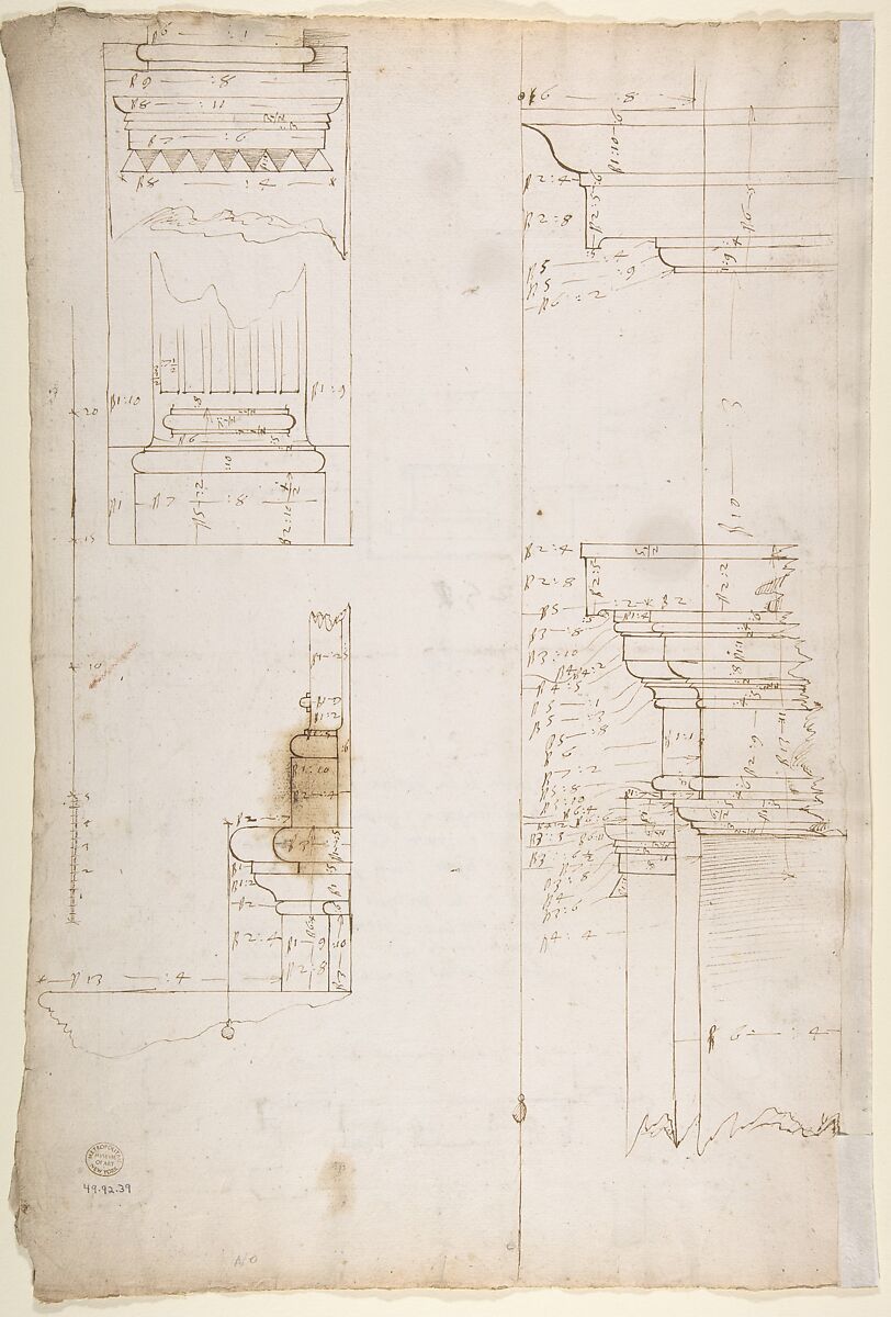 San Lorenzo, New Sacristy, plan (recto) San Lorenzo, New Sacristy, details, elevation and section (verso), Drawn by Anonymous, French, 16th century, Dark brown ink, black chalk, and incised lines