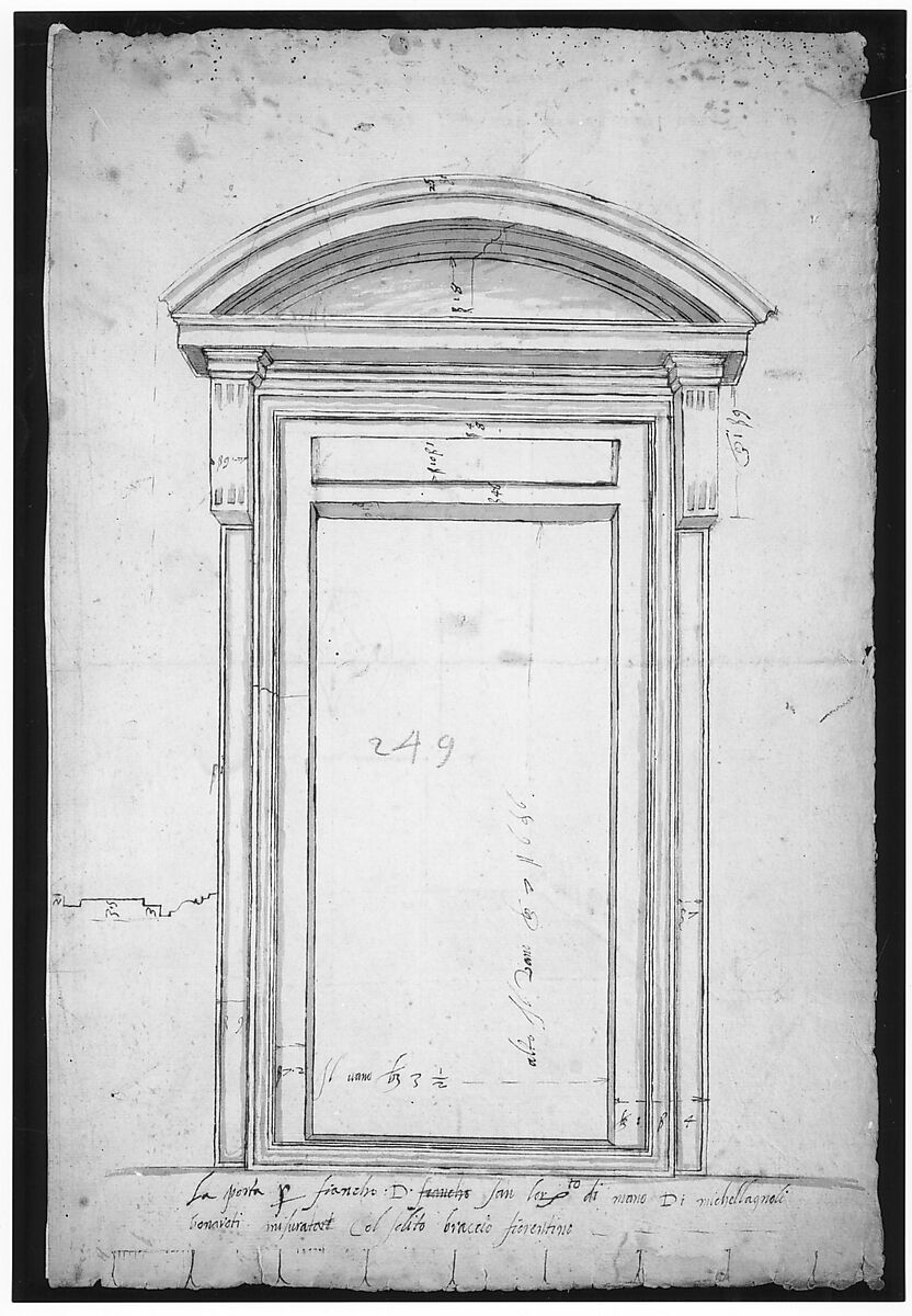 San Lorenzo, north portal, elevation (recto) San Lorenzo, north portal, cornice, profile (verso), Drawn by Anonymous, French, 16th century, Dark brown ink, black chalk, and incised lines