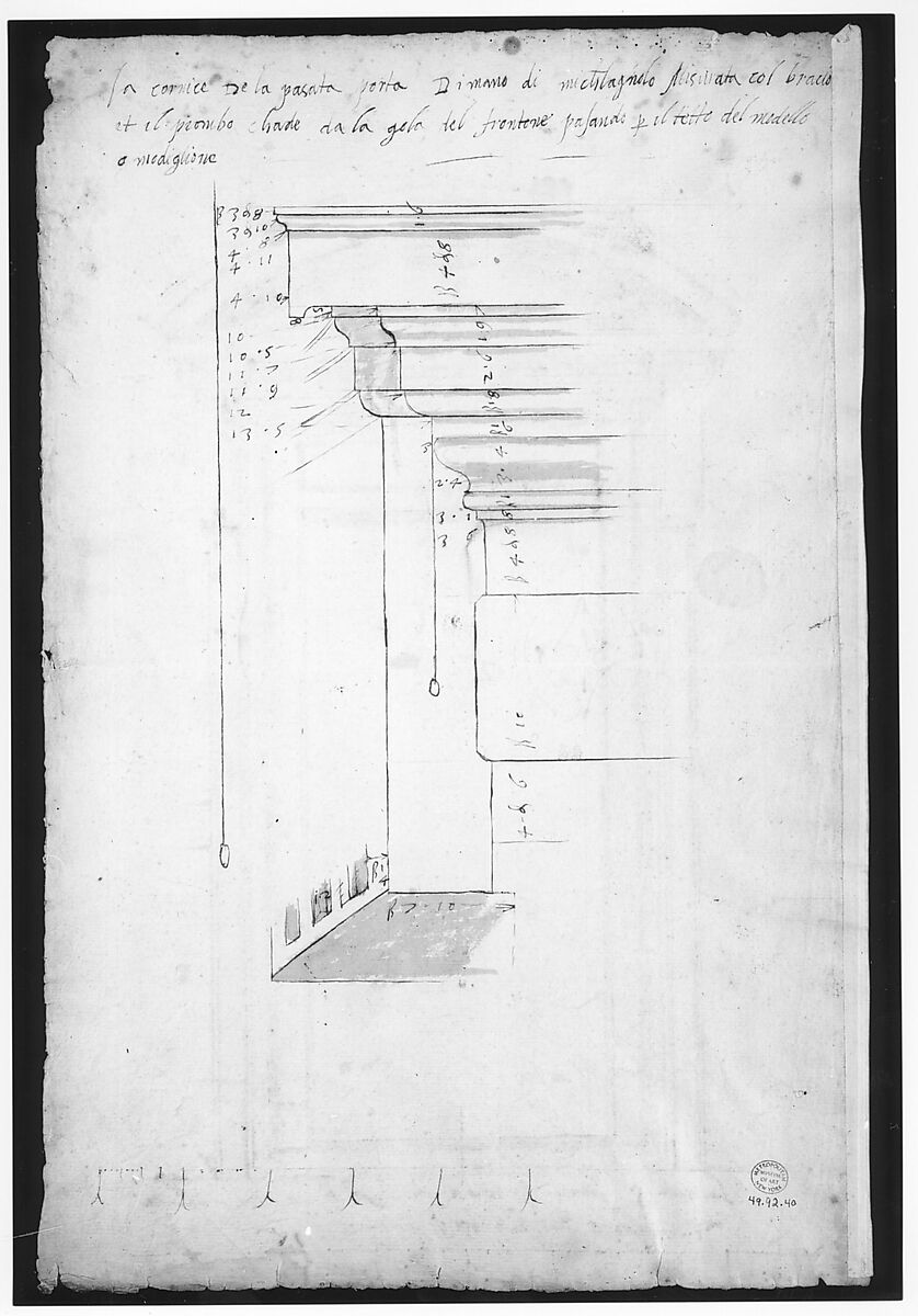 San Lorenzo, north portal, elevation (recto) San Lorenzo, north portal, cornice, profile (verso), Drawn by Anonymous, French, 16th century, Dark brown ink, black chalk, and incised lines