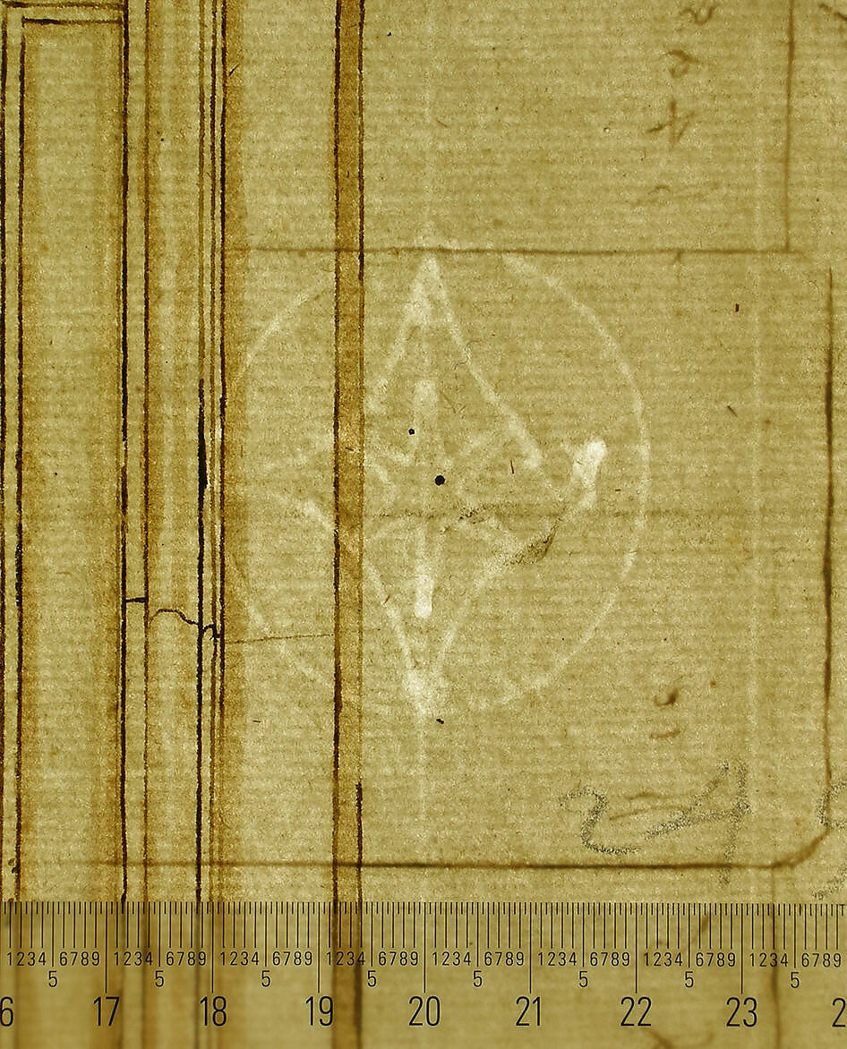 San Lorenzo, north portal, elevation (recto) San Lorenzo, north portal, cornice, profile (verso), Drawn by Anonymous, French, 16th century, Dark brown ink, black chalk, and incised lines