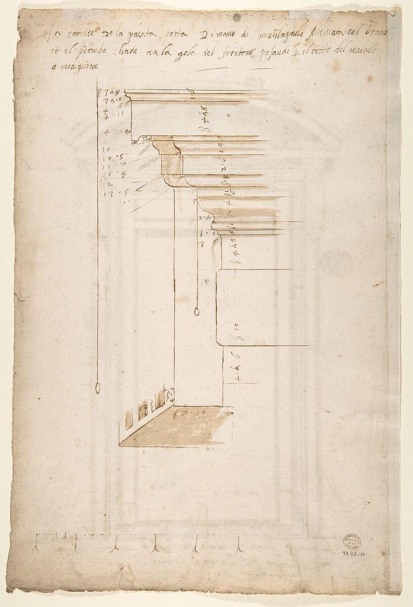 San Lorenzo, north portal, elevation (recto) San Lorenzo, north portal, cornice, profile (verso), Drawn by Anonymous, French, 16th century, Dark brown ink, black chalk, and incised lines