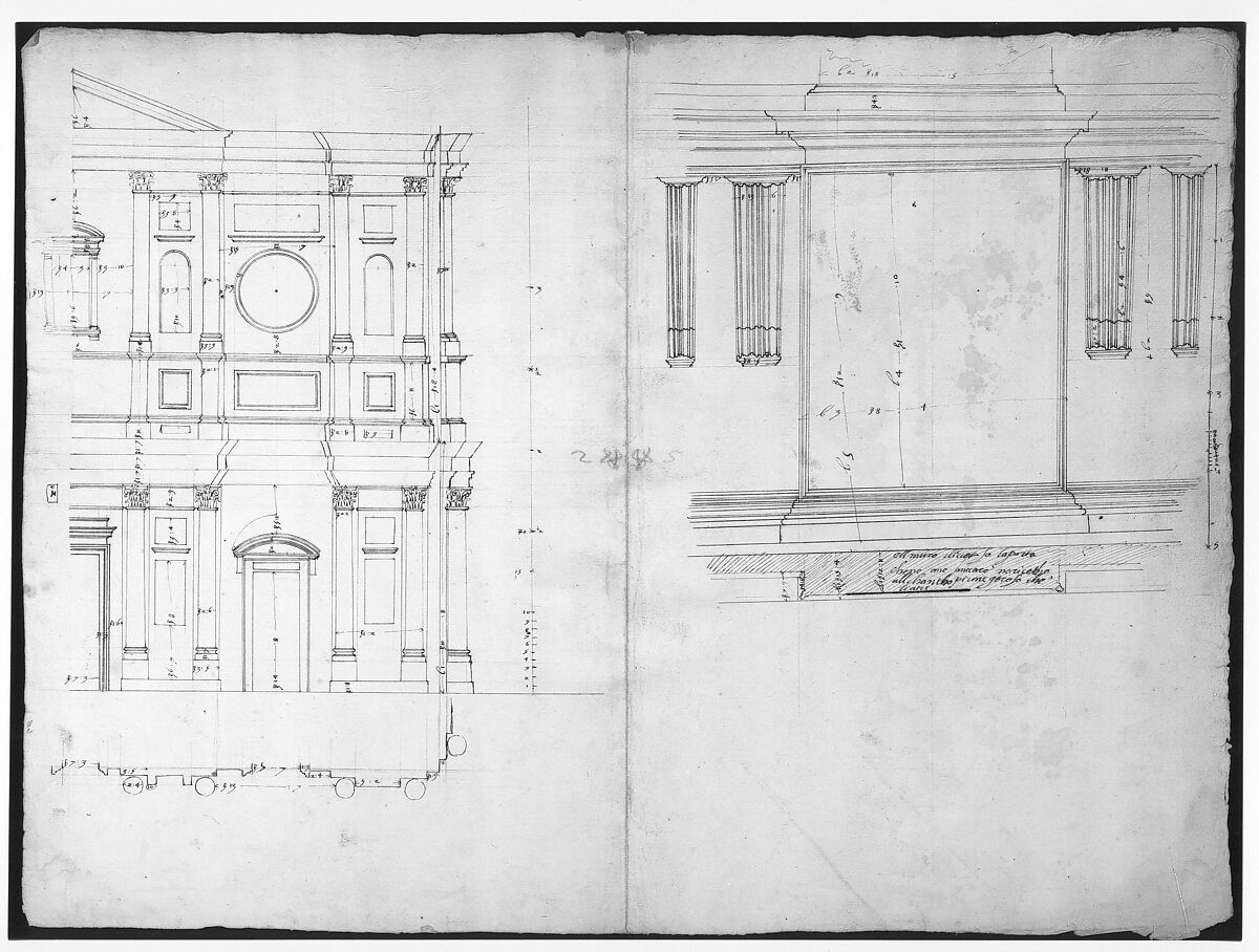 San Lorenzo, model, right half façade (left hand of folio); San Lorenzo, Library, Ricetto, consoles, elevation (right hand) (recto) blank (verso), Drawn by Anonymous, French, 16th century, Dark brown ink, black chalk, and incised lines