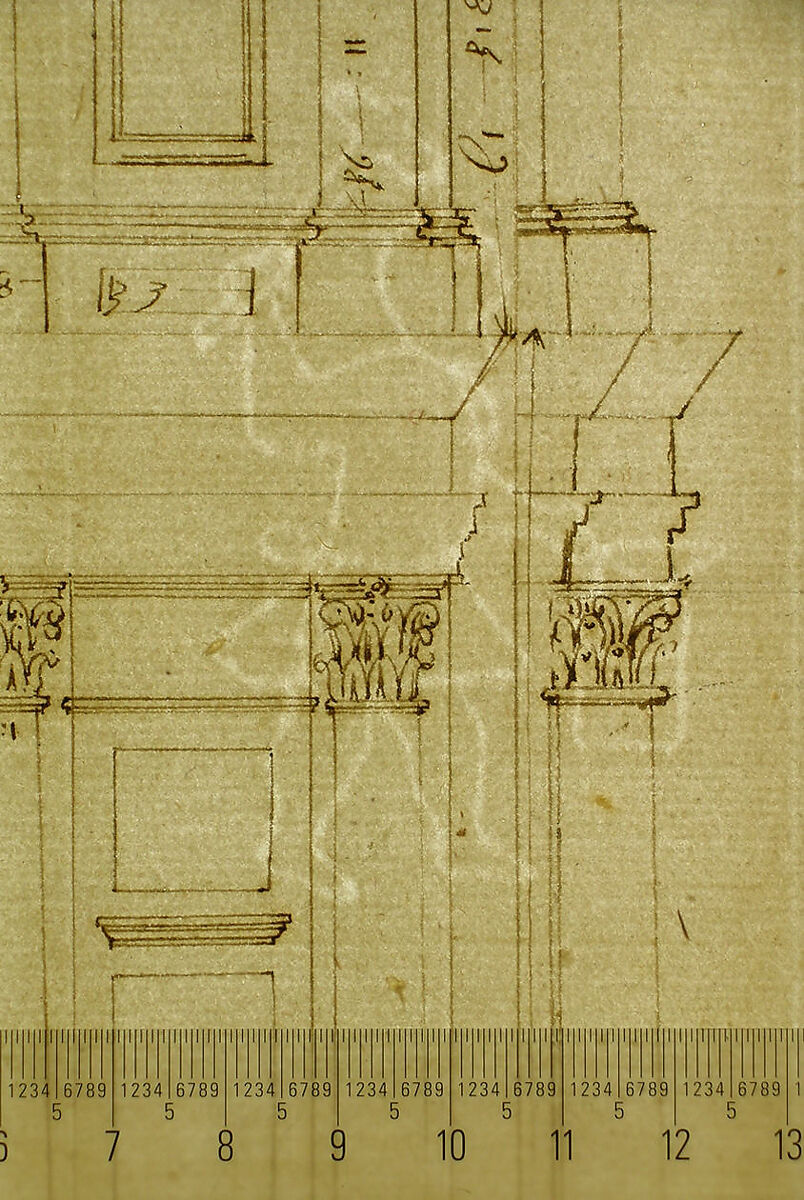 San Lorenzo, model, right half façade (left hand of folio); San Lorenzo, Library, Ricetto, consoles, elevation (right hand) (recto) blank (verso), Drawn by Anonymous, French, 16th century, Dark brown ink, black chalk, and incised lines