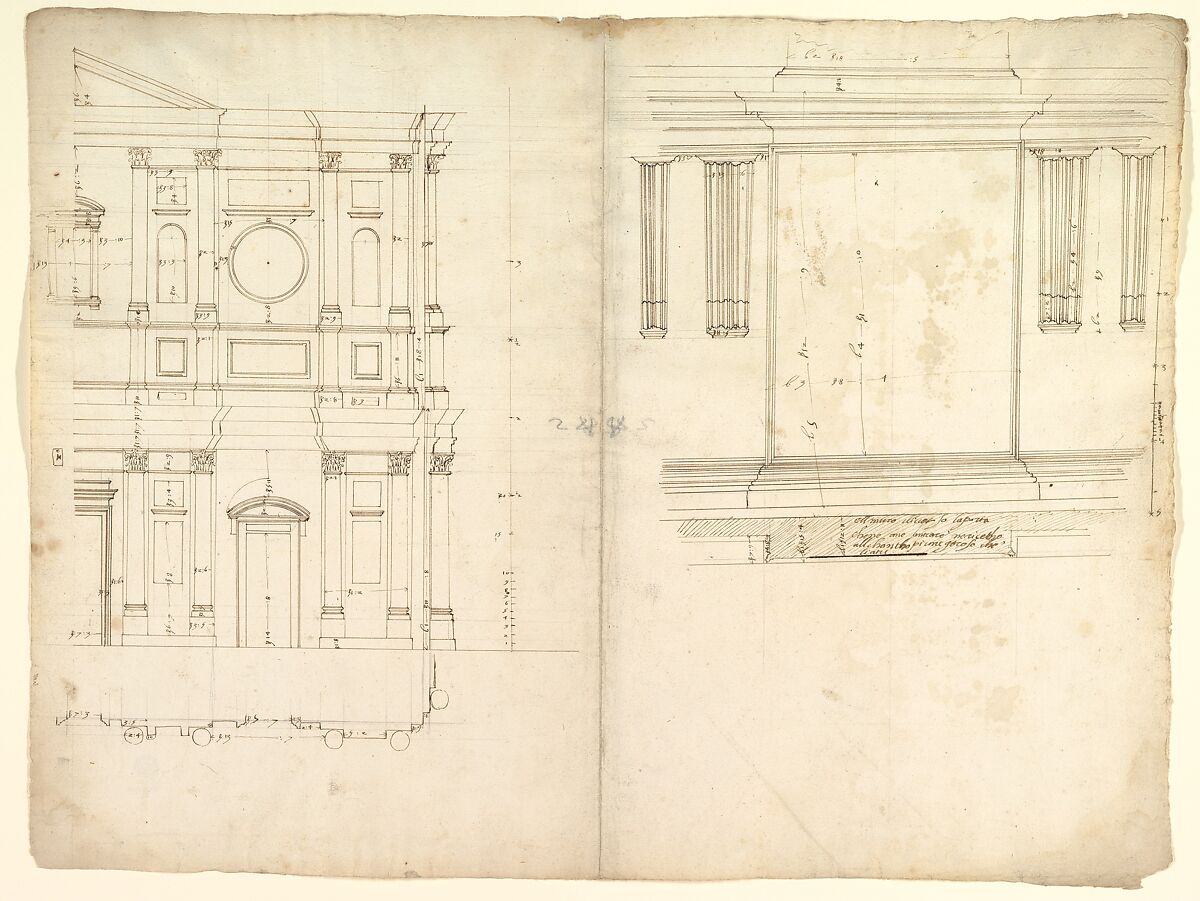 San Lorenzo, model, right half façade (left hand of folio); San Lorenzo, Library, Ricetto, consoles, elevation (right hand) (recto) blank (verso), Drawn by Anonymous, French, 16th century, Dark brown ink, black chalk, and incised lines 