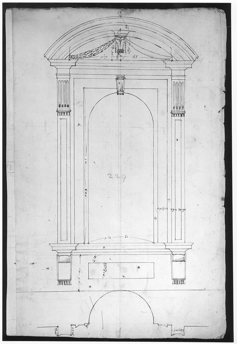 St. Peter's, apse, exterior niche details (recto) St Peter's, apse, exterior niche elevation and profile of scrolled console, elevation of column shaft (verso), Drawn by Anonymous, French, 16th century, Dark brown ink, black chalk, and incised lines