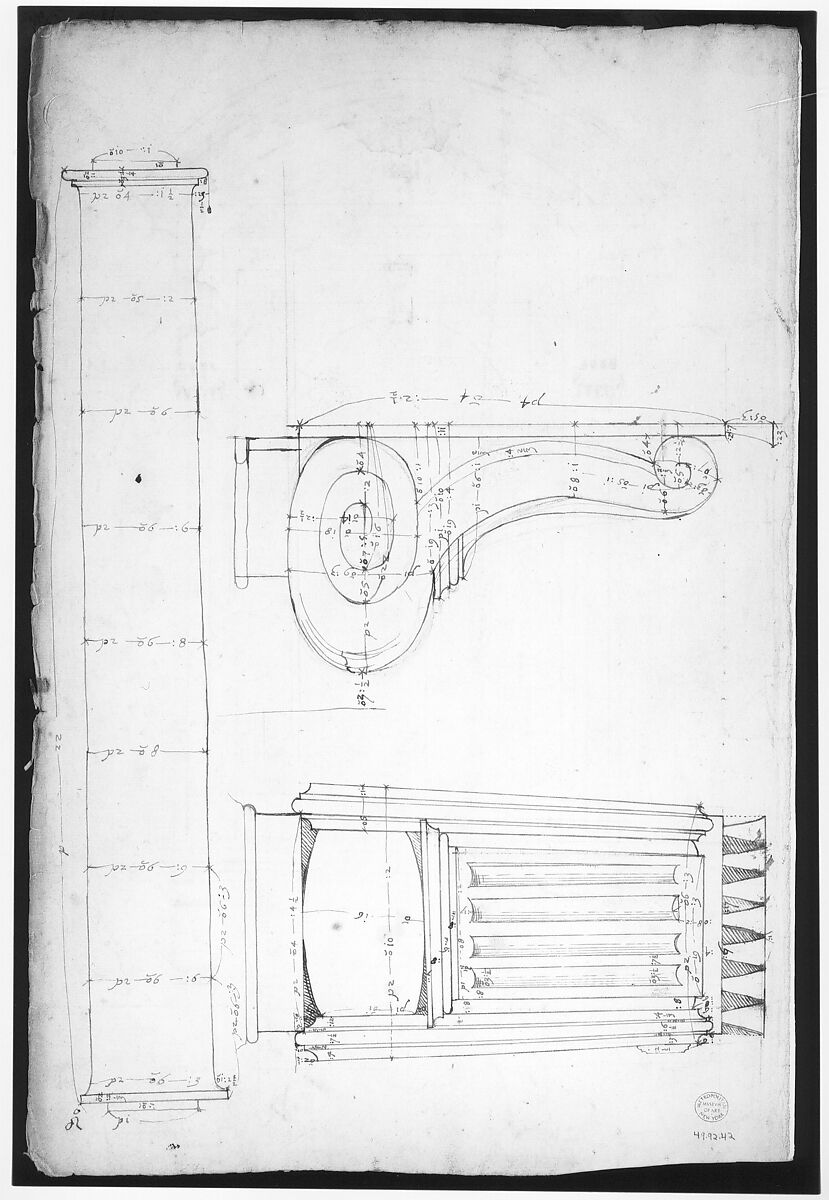 St. Peter's, apse, exterior niche details (recto) St Peter's, apse, exterior niche elevation and profile of scrolled console, elevation of column shaft (verso), Drawn by Anonymous, French, 16th century, Dark brown ink, black chalk, and incised lines