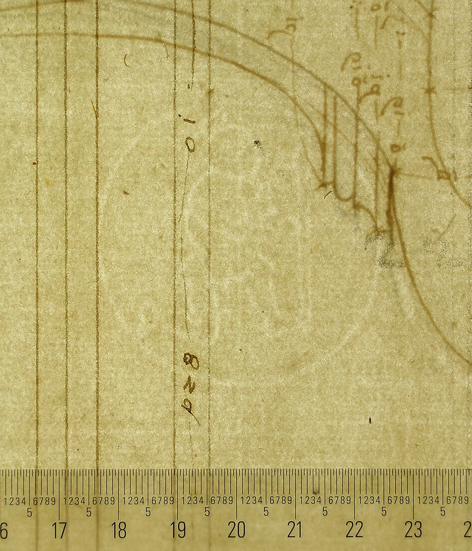 St. Peter's, apse, exterior niche details (recto) St Peter's, apse, exterior niche elevation and profile of scrolled console, elevation of column shaft (verso), Drawn by Anonymous, French, 16th century, Dark brown ink, black chalk, and incised lines