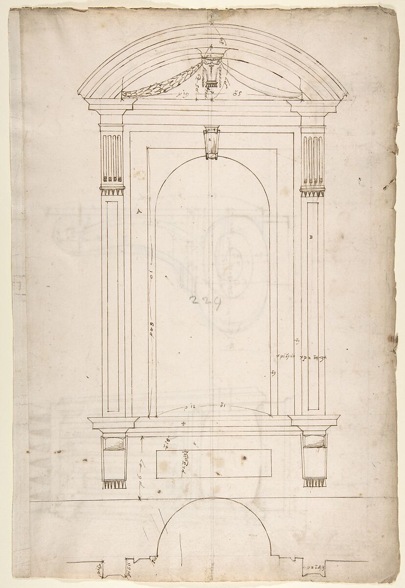 St. Peter's, apse, exterior niche details (recto) St Peter's, apse, exterior niche elevation and profile of scrolled console, elevation of column shaft (verso), Drawn by Anonymous, French, 16th century, Dark brown ink, black chalk, and incised lines