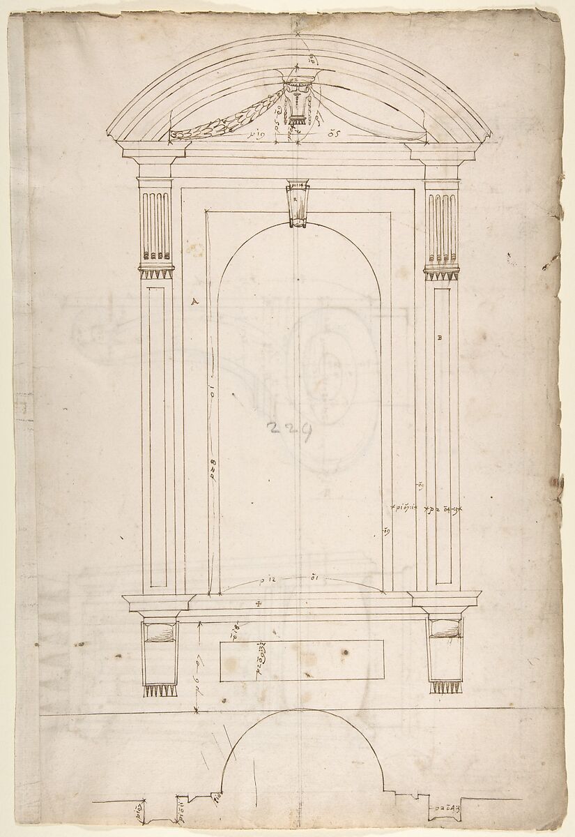 St. Peter's, apse, exterior niche details (recto) St Peter's, apse, exterior niche elevation and profile of scrolled console, elevation of column shaft (verso), Drawn by Anonymous, French, 16th century, Dark brown ink, black chalk, and incised lines 