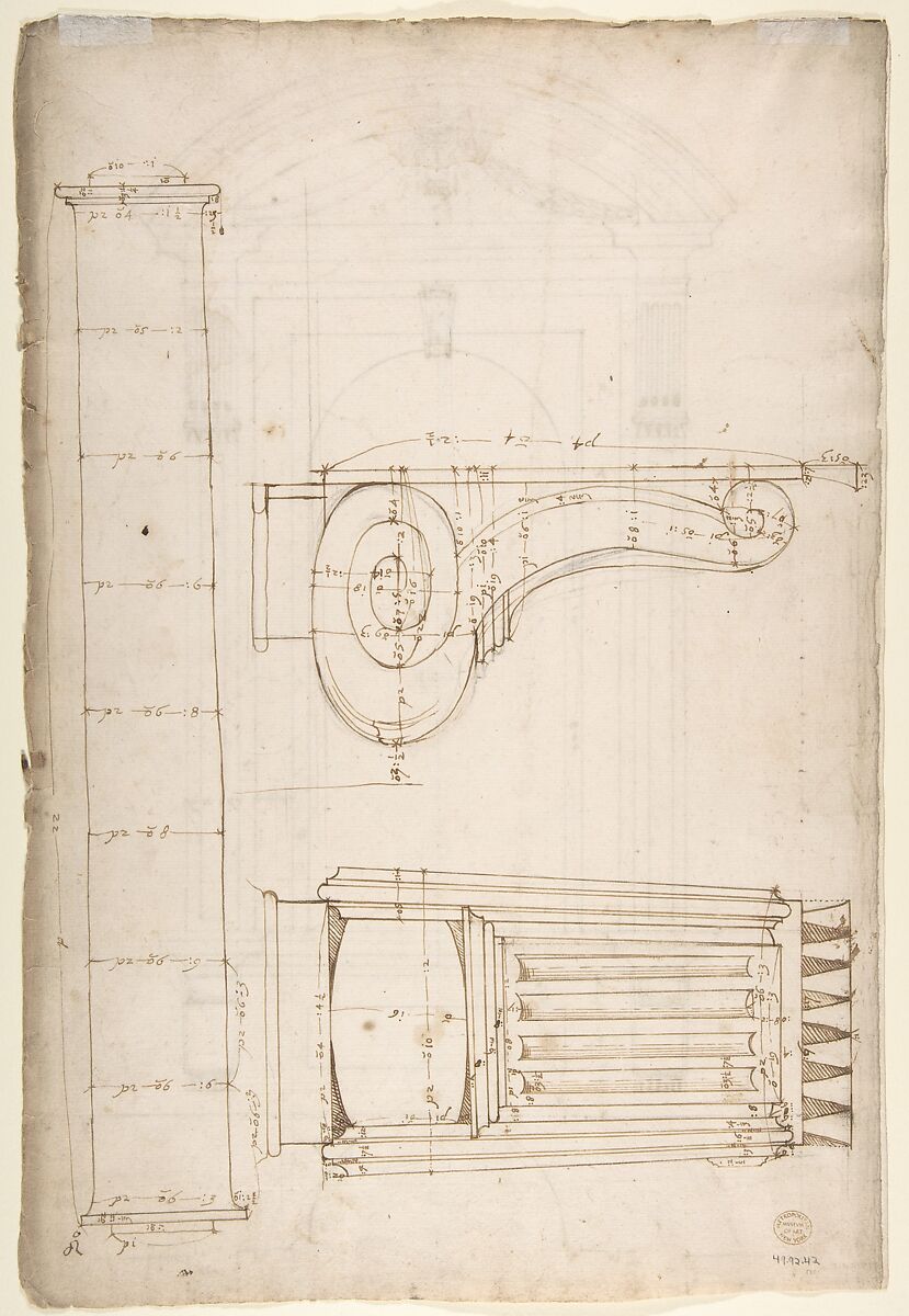St. Peter's, apse, exterior niche details (recto) St Peter's, apse, exterior niche elevation and profile of scrolled console, elevation of column shaft (verso), Drawn by Anonymous, French, 16th century, Dark brown ink, black chalk, and incised lines