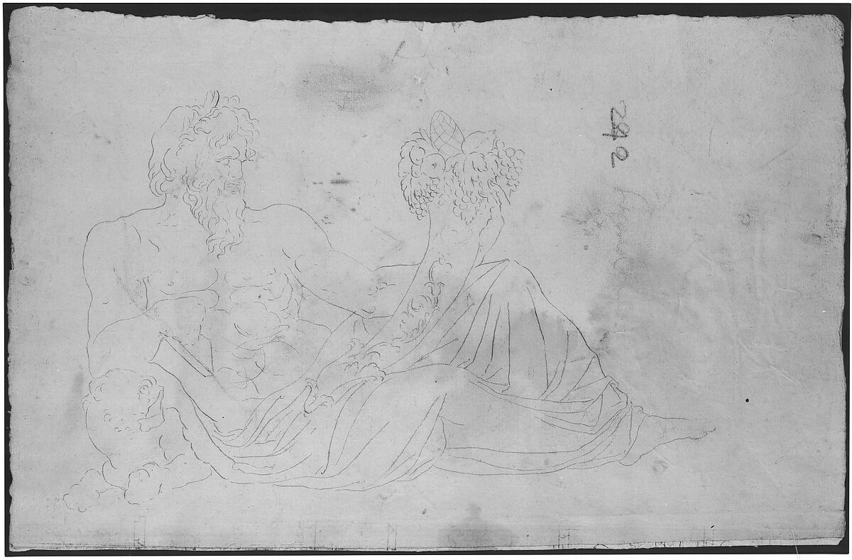 River God (Tigris), sketch (recto) blank (verso), Drawn by Anonymous, French, 16th century, Dark brown ink, black chalk, and incised lines