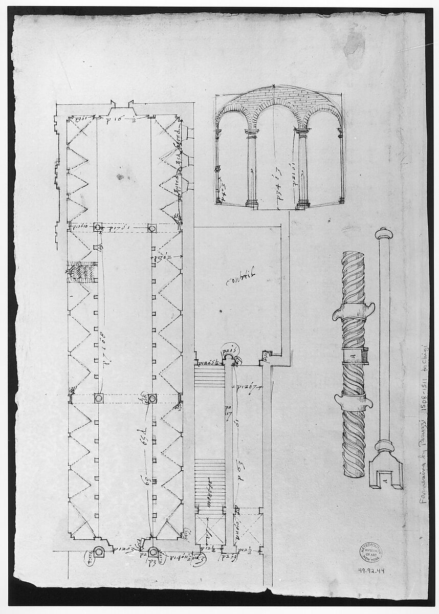 Palazzo Salviati-Adimari elevations (recto) Villa Farnesina stables, plan and section; drawing of a screw (verso), Drawn by Anonymous, French, 16th century, Dark brown ink, black chalk, and incised lines