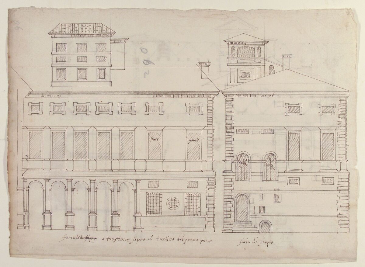 Palazzo Salviati-Adimari elevations (recto) Villa Farnesina stables, plan and section; drawing of a screw (verso), Drawn by Anonymous, French, 16th century, Dark brown ink, black chalk, and incised lines
