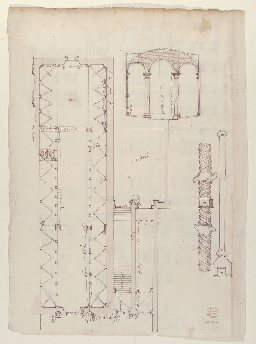 Palazzo Salviati-Adimari elevations (recto) Villa Farnesina stables, plan and section; drawing of a screw (verso), Drawn by Anonymous, French, 16th century, Dark brown ink, black chalk, and incised lines