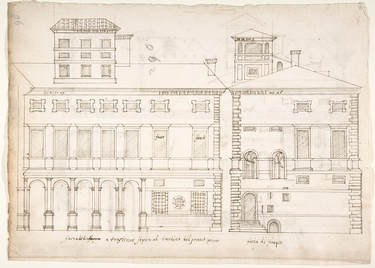 Palazzo Salviati-Adimari elevations (recto) Villa Farnesina stables, plan and section; drawing of a screw (verso), Drawn by Anonymous, French, 16th century, Dark brown ink, black chalk, and incised lines 