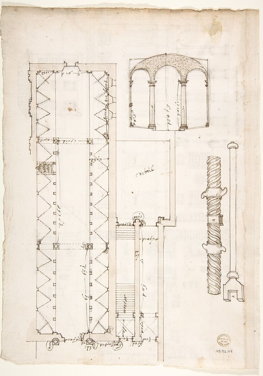 Palazzo Salviati-Adimari elevations (recto) Villa Farnesina stables, plan and section; drawing of a screw (verso), Drawn by Anonymous, French, 16th century, Dark brown ink, black chalk, and incised lines
