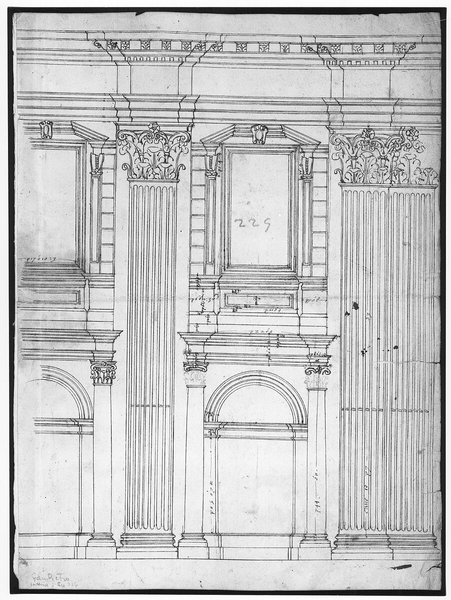 St. Peter's, apse, partial elevation (recto) blank (verso), Drawn by Anonymous, French, 16th century, Dark brown ink, black chalk, and incised lines