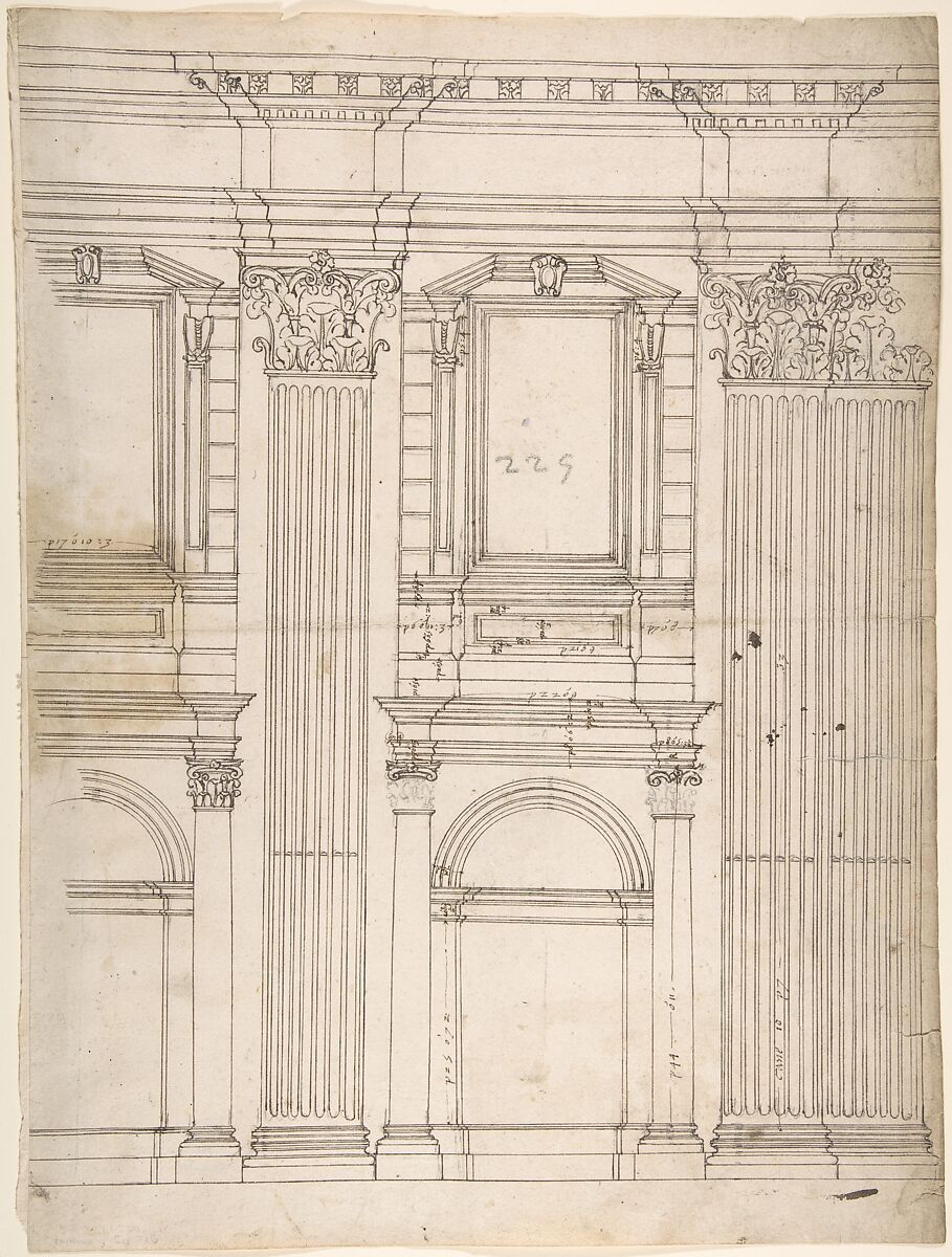 St. Peter's, apse, partial elevation (recto) blank (verso), Drawn by Anonymous, French, 16th century, Dark brown ink, black chalk, and incised lines 