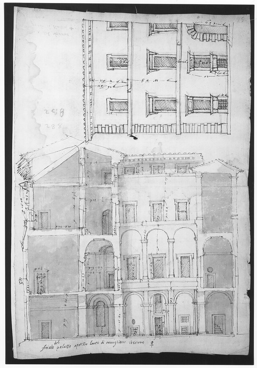 Unidentified Palace, section and half elevation (recto) blank (verso), Drawn by Anonymous, French, 16th century, Dark brown ink, black chalk, and incised lines