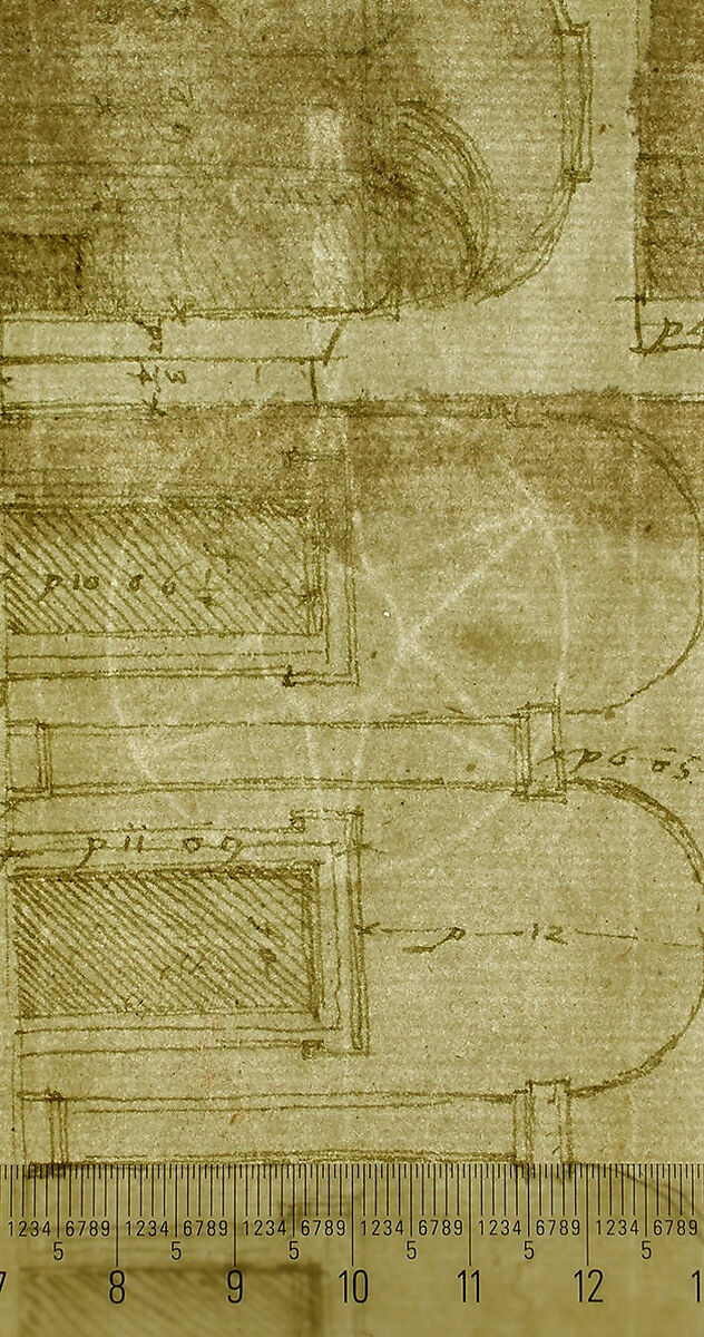 Unidentified Palace, section and half elevation (recto) blank (verso), Drawn by Anonymous, French, 16th century, Dark brown ink, black chalk, and incised lines