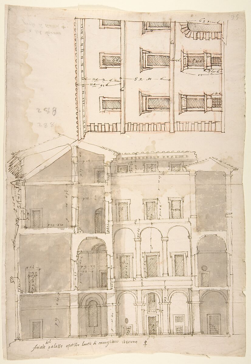 Unidentified Palace, section and half elevation (recto) blank (verso), Drawn by Anonymous, French, 16th century, Dark brown ink, black chalk, and incised lines 