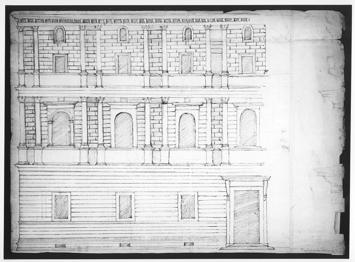 Palazzo Giroud Torlioni, elevation, cornice details (recto) Calculation table (verso), Drawn by Anonymous, French, 16th century, Dark brown ink, black chalk, and incised lines