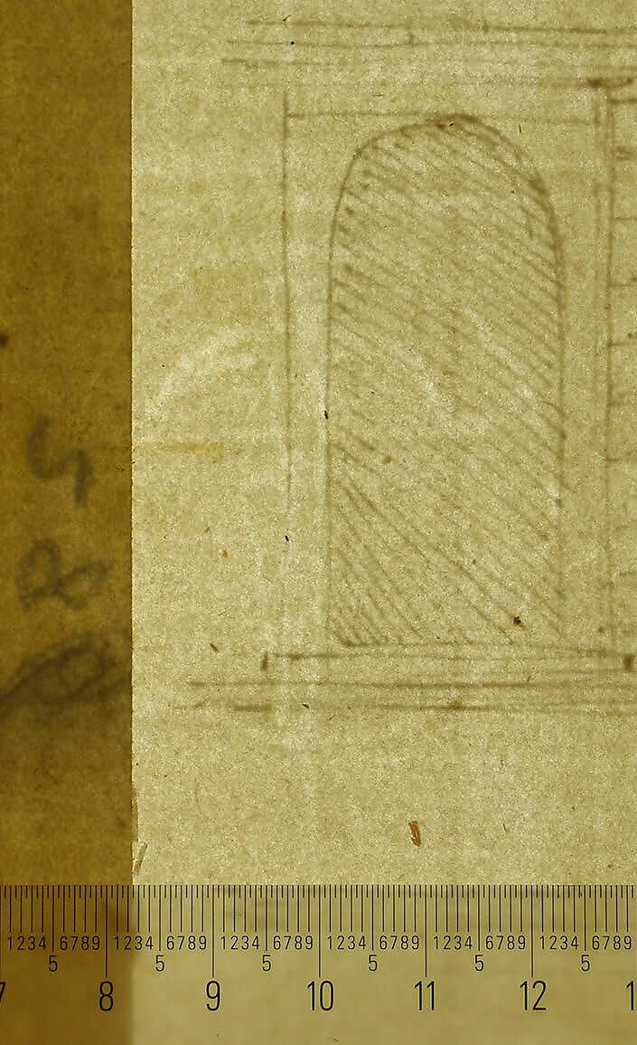 Palazzo Giroud Torlioni, elevation, cornice details (recto) Calculation table (verso), Drawn by Anonymous, French, 16th century, Dark brown ink, black chalk, and incised lines