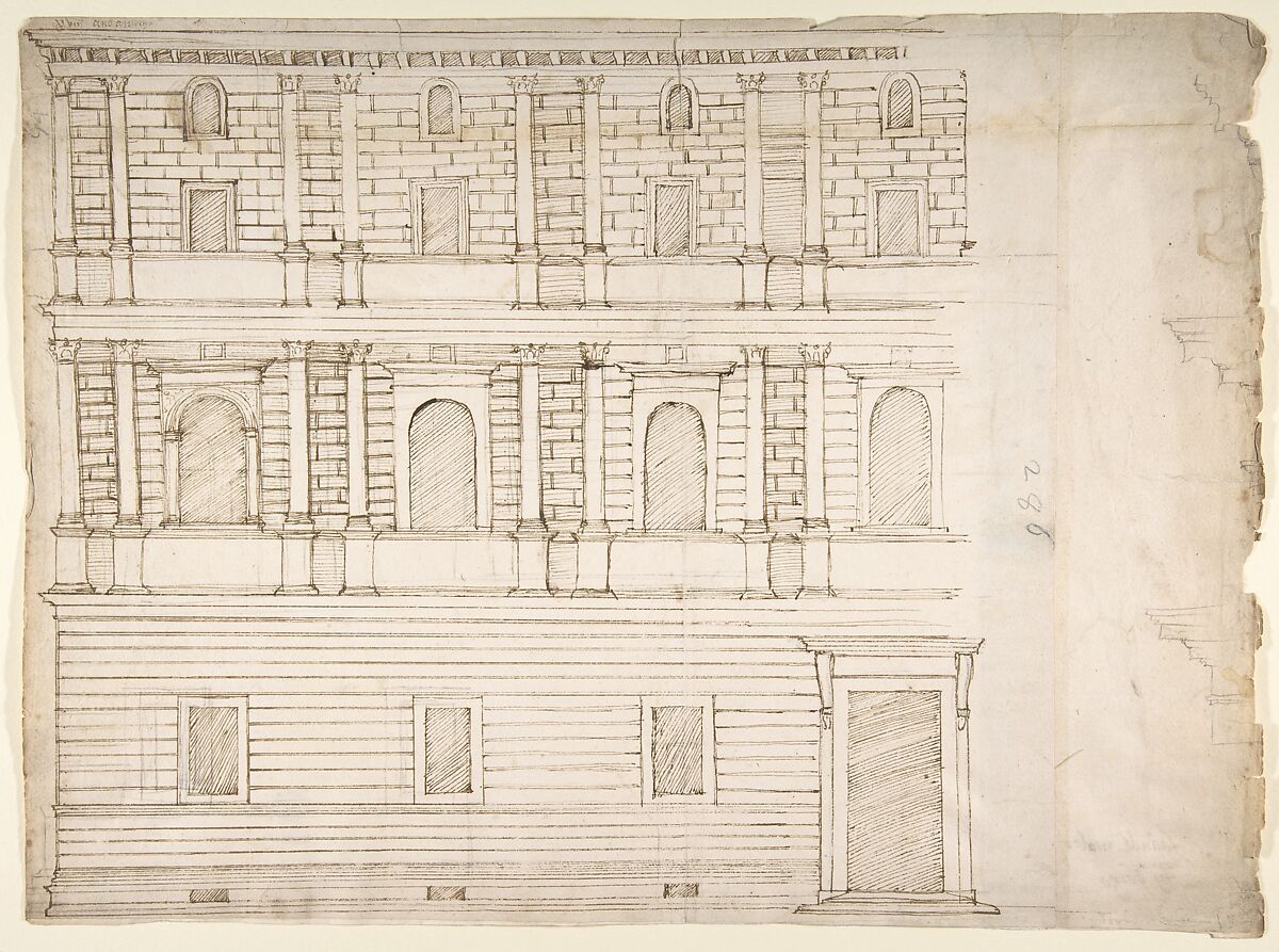 Palazzo Giroud Torlioni, elevation, cornice details (recto) Calculation table (verso), Drawn by Anonymous, French, 16th century, Dark brown ink, black chalk, and incised lines 