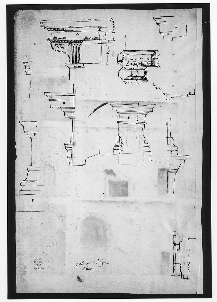 Palazzo Salviati in Rome, section (recto); Palazzo Salviati in Rome, details (verso), Anonymous, French, 16th century, Pen and dark brown ink, over red chalk and stylus-incised lines (recto and verso).