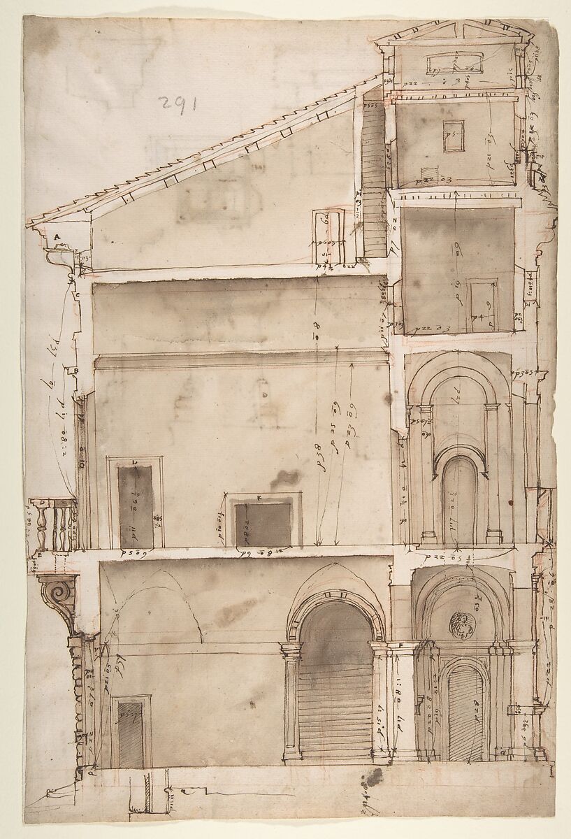 Palazzo Salviati in Rome, section (recto) Palazzo Salviati in Rome, details (verso), Drawn by Anonymous, French, 16th century, Pen and dark brown ink, over red chalk and stylus-incised lines (recto and verso). 
