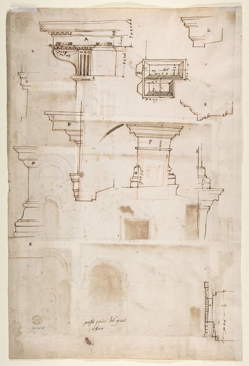 Palazzo Salviati in Rome, section (recto); Palazzo Salviati in Rome, details (verso), Anonymous, French, 16th century, Pen and dark brown ink, over red chalk and stylus-incised lines (recto and verso).